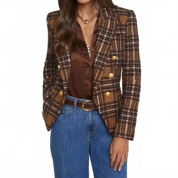 NEW L'AGENCE kenzie plaid blazer in brown